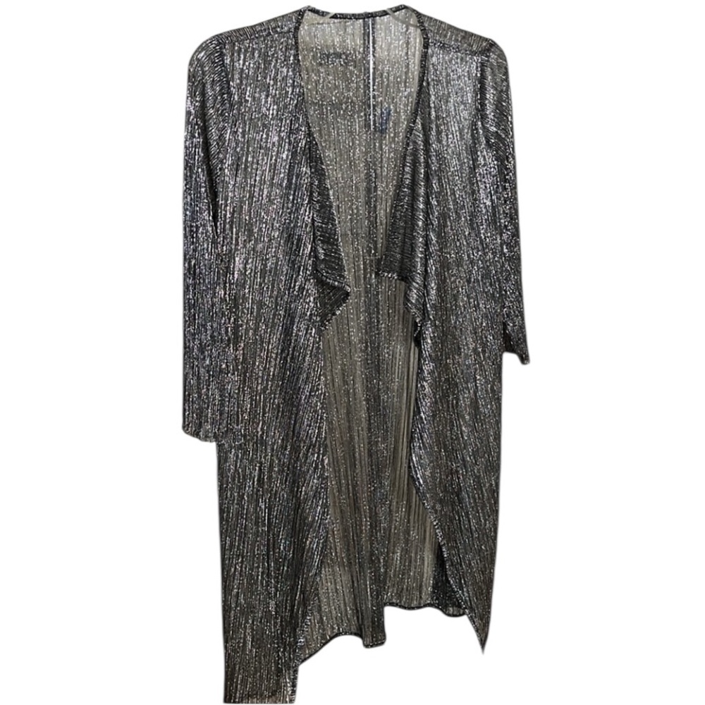 Silver metallic size 8-10 semi sheer open front top 3/4 sleeves cover up